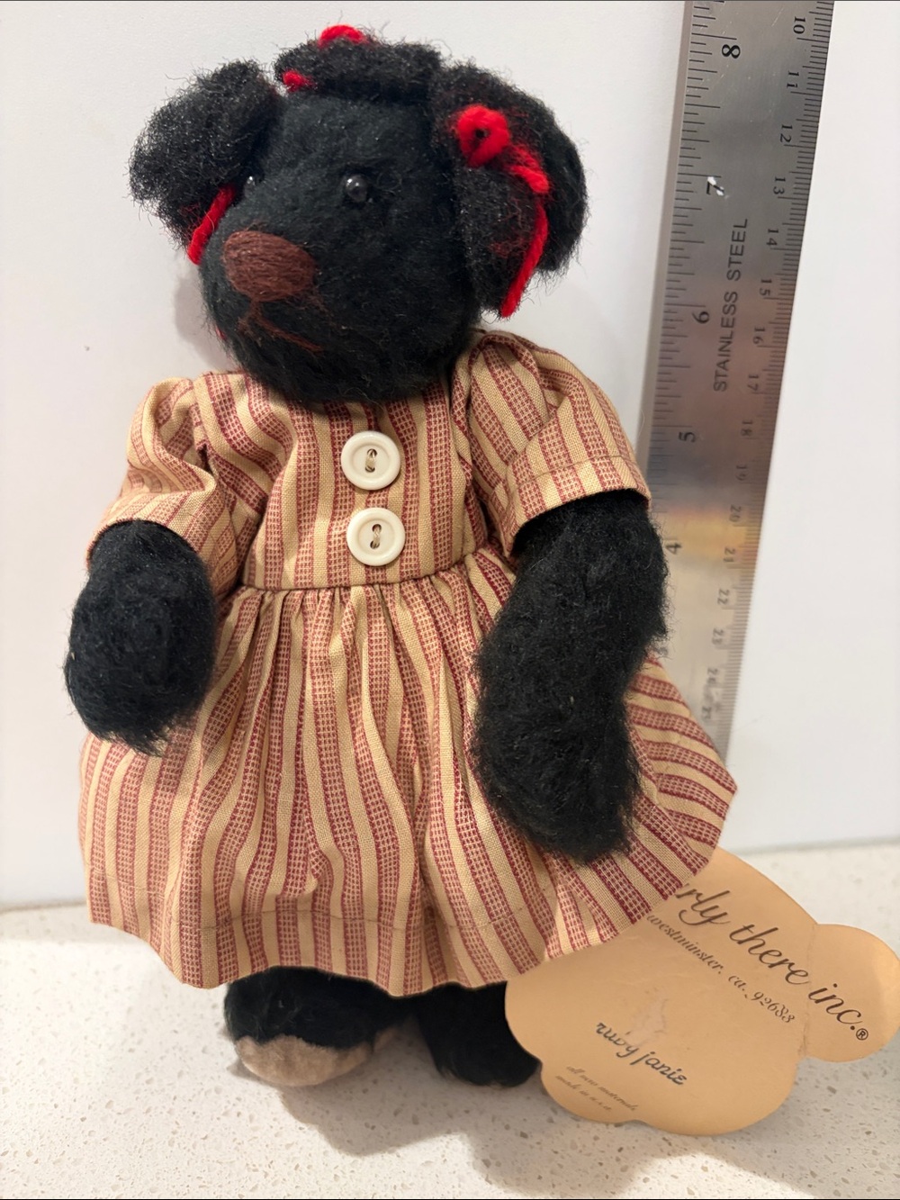 Nearly there Inc - Handmade Black Plush Bear in Red-Accent Dress. “Ruby Jane”